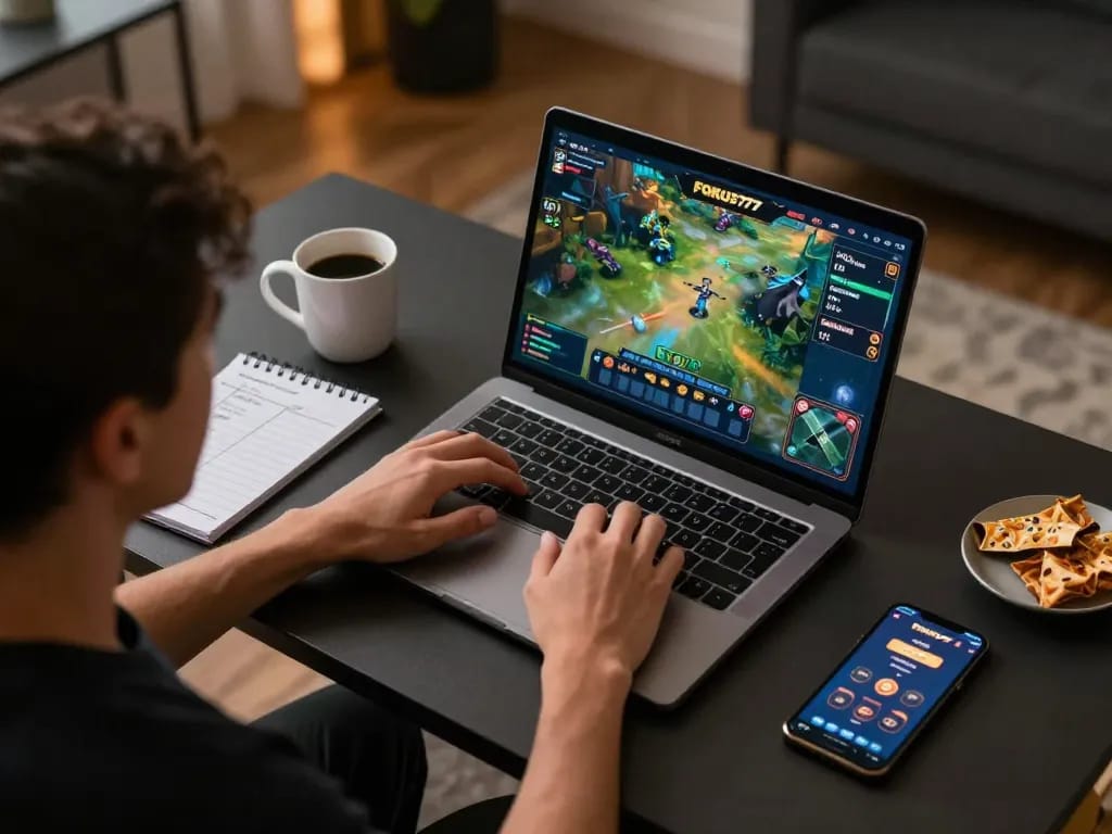 Player enjoying Fokus777 online gaming with interactive setup and strategic elements for better odds.