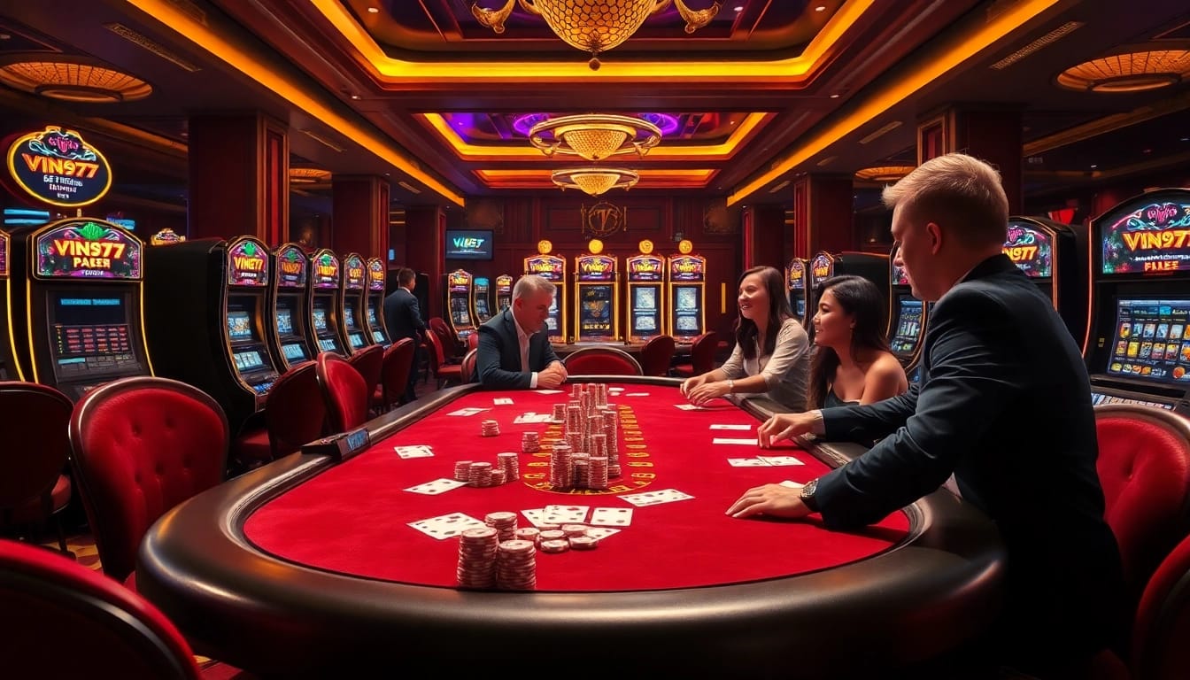 Engaging Vin777 gaming experience with poker action, chips, and vibrant slot machines.