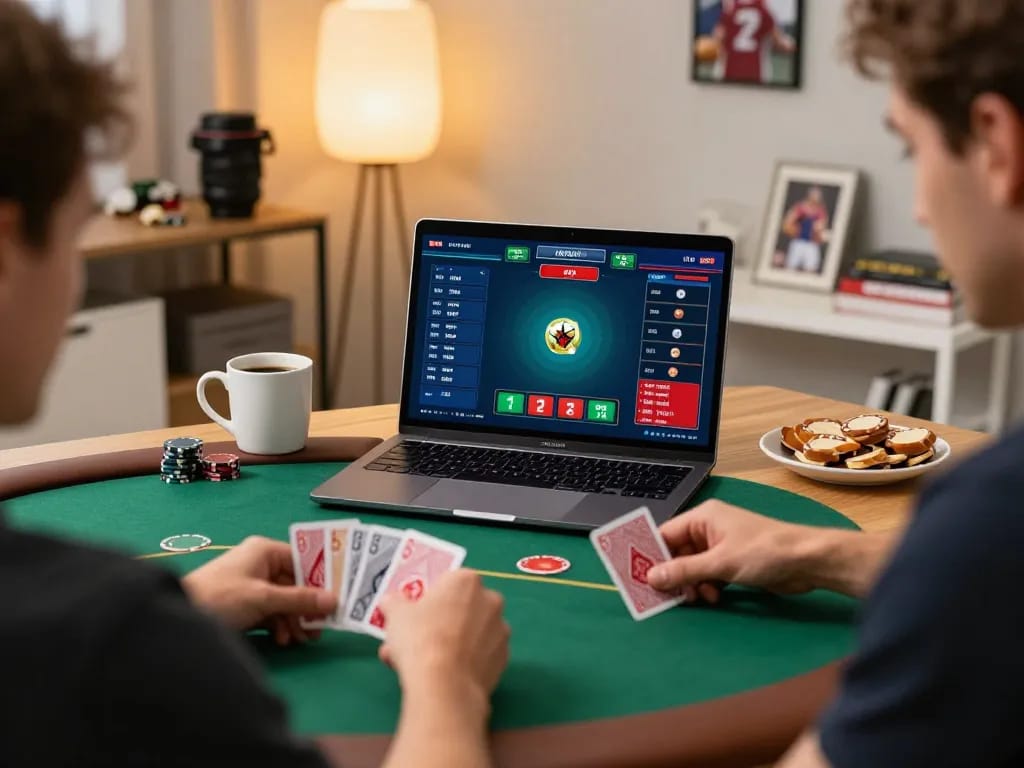 Player using laptop for online poker game featuring badak178 with engaging interface and strategic analysis.