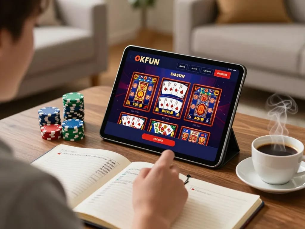 Engaging with the OKFUN app while enjoying an online casino experience in a cozy home setting.