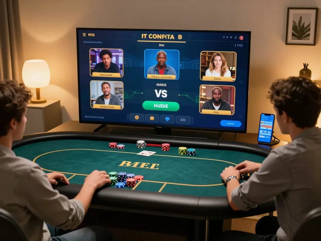 Experience intense gameplay with Poker NET88 in a cozy home online poker session.