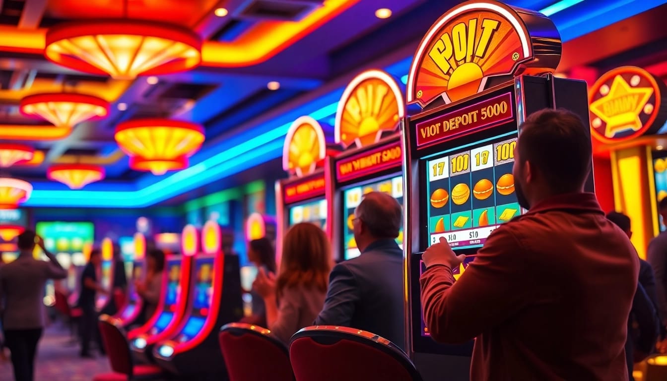 Menggandeng Slot deposit 5000, mesin slot yang berkilau dan pemain yang bersemangat di kasino.