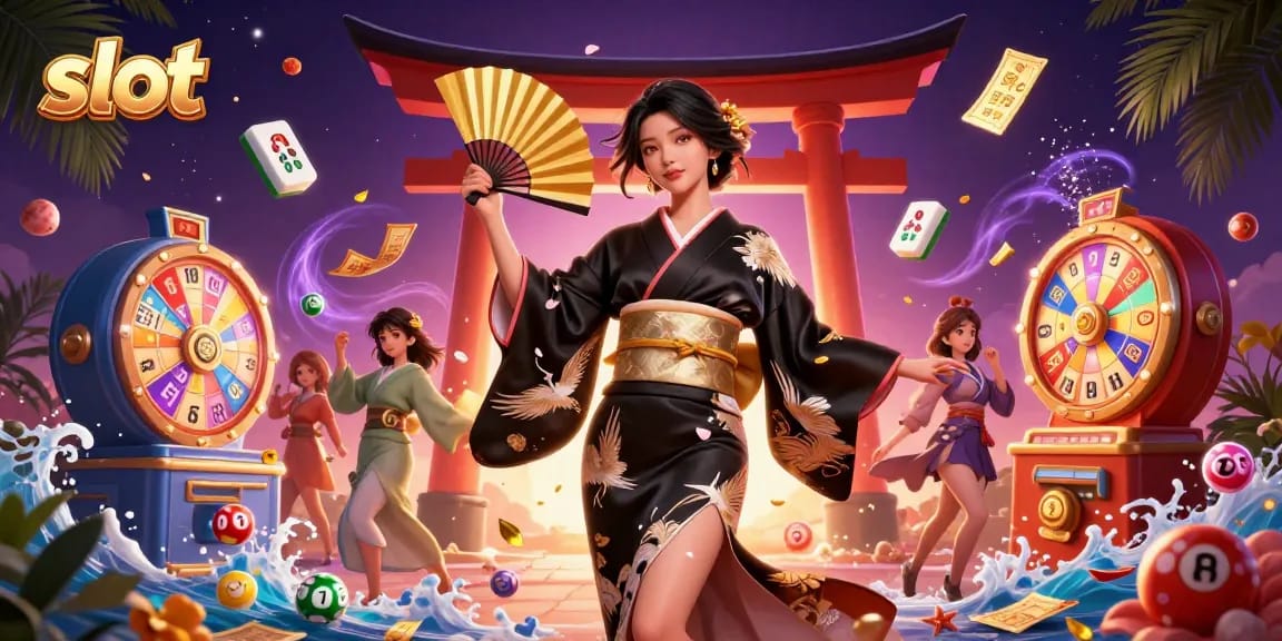 Spin colorful slot reels with a stunning Asian character amid dynamic lottery symbols.