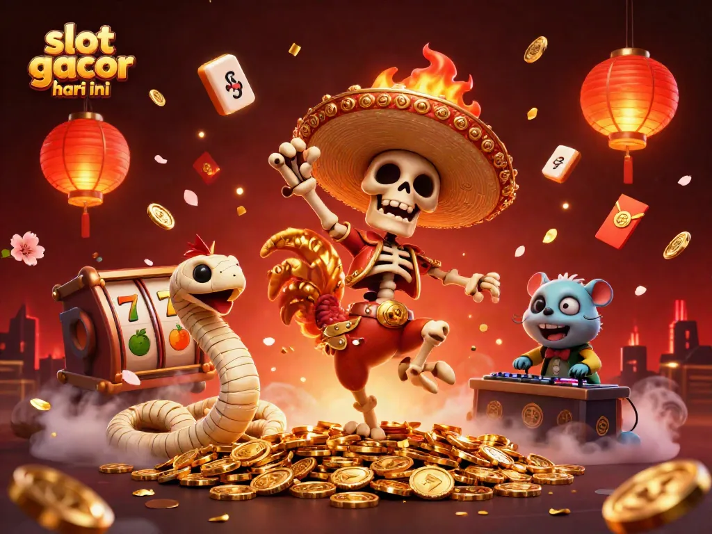 Slot gacor hari ini yang berputar dengan karakter kartun 3D meriah dalam suasana kasino yang penuh warna.