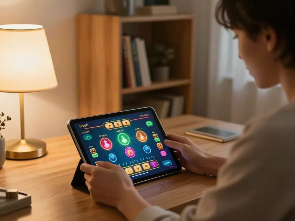 Engaging with Khuyến mãi Luck8 through a tablet for online gaming at home, showcasing focus and strategy.