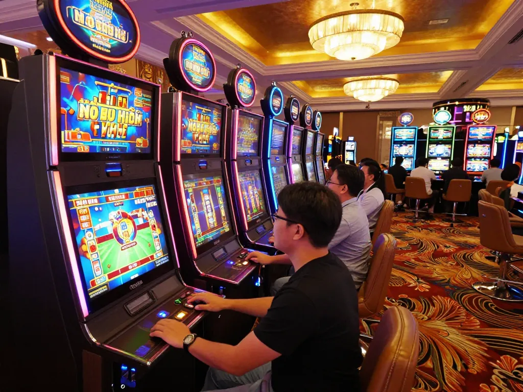 Players enjoy spinning vibrant slot machines at a lively casino featuring Win88 nổ hũ games.