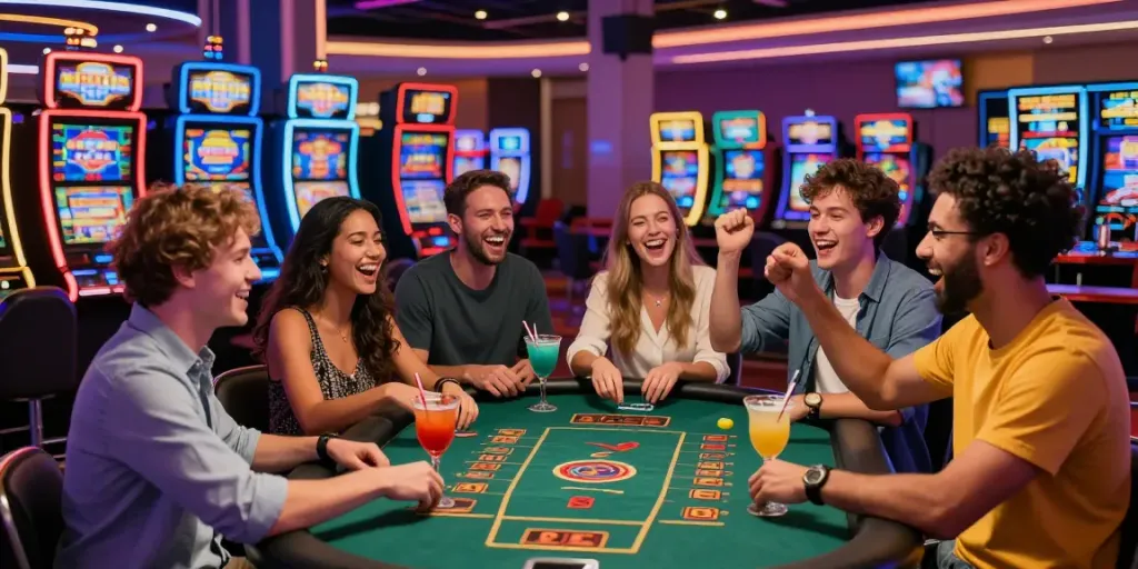 Exciting casino scene with friends celebrating Lucky777 gaming experience
