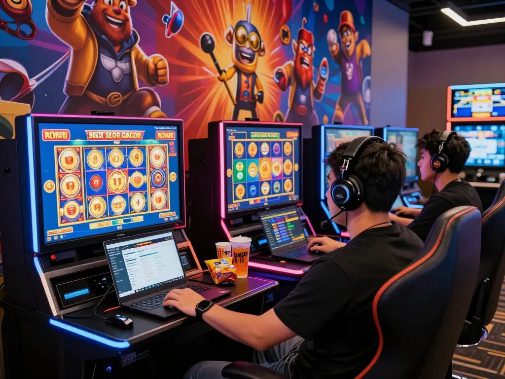 situs slot gacor diilustrasikan oleh seorang pemain yang terlibat dalam permainan slot online berwarna-warni di meja yang ramping, menunjukkan grafis yang cerah dan animasi kemenangan.