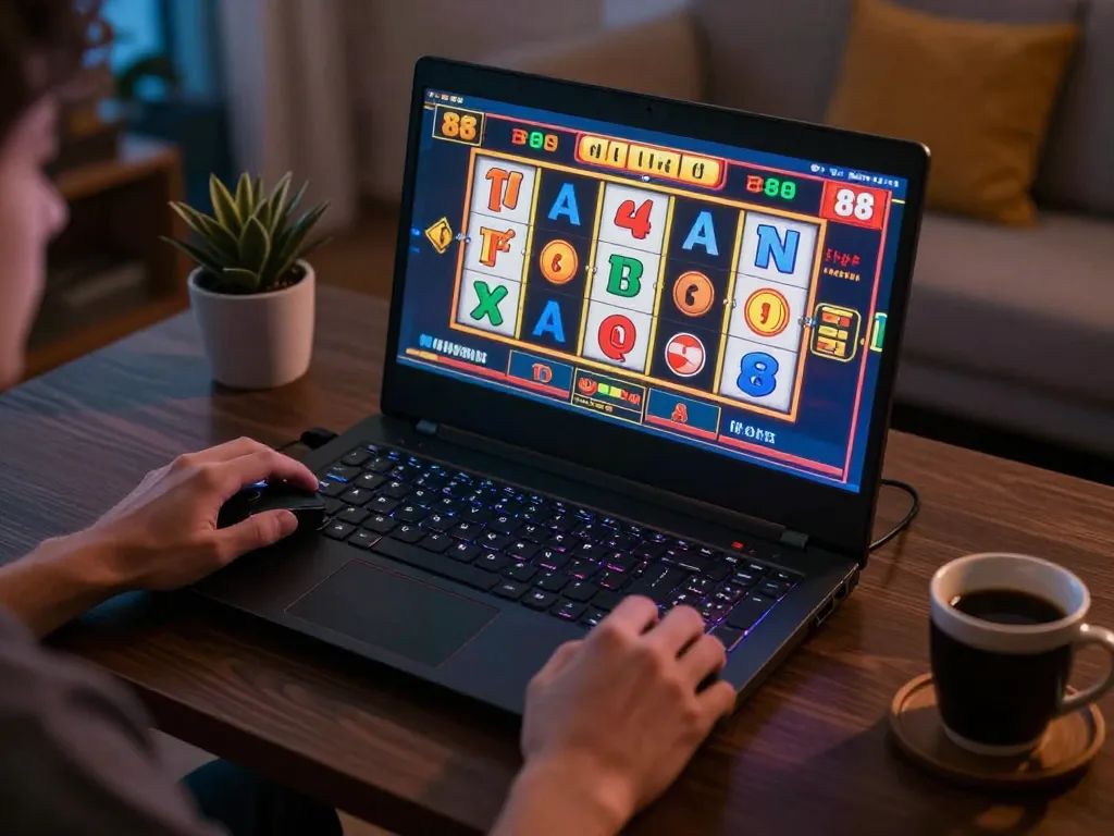 Player spinning slot88 reels on a laptop, showcasing excitement and modern gaming setup.