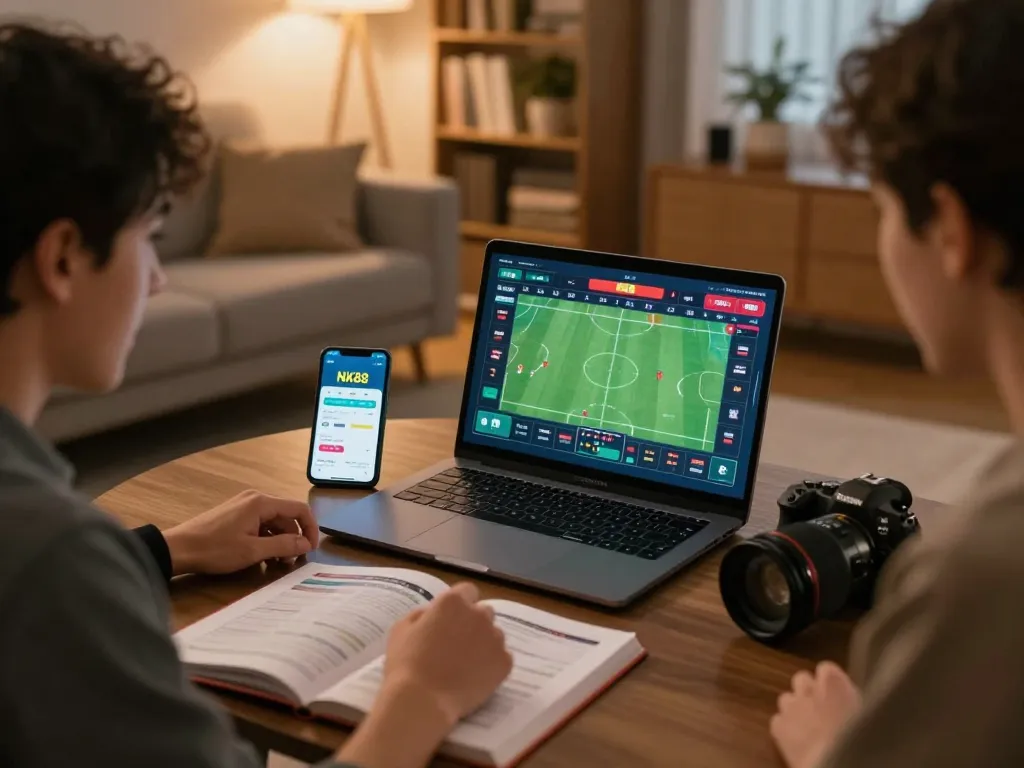 Engaged player utilizing the NK88 app on smartphone while betting online, demonstrating an exciting gaming setup.