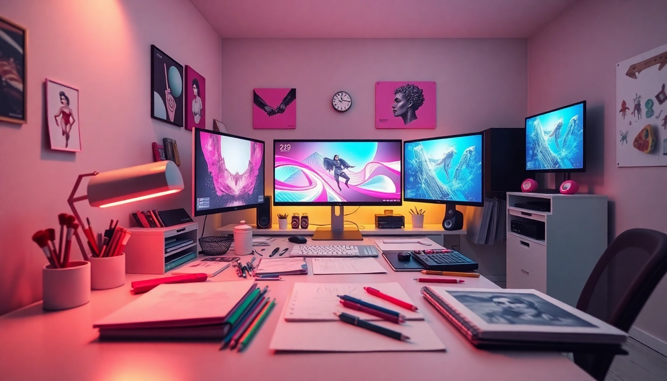 A modern creative workspace emphasizing NSFW themes, featuring digital art supplies and ambient lighting.