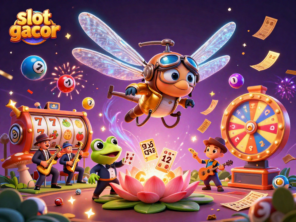 Engage in slot gacor excitement with a cartoon dragonfly pilot and lively casino scene.