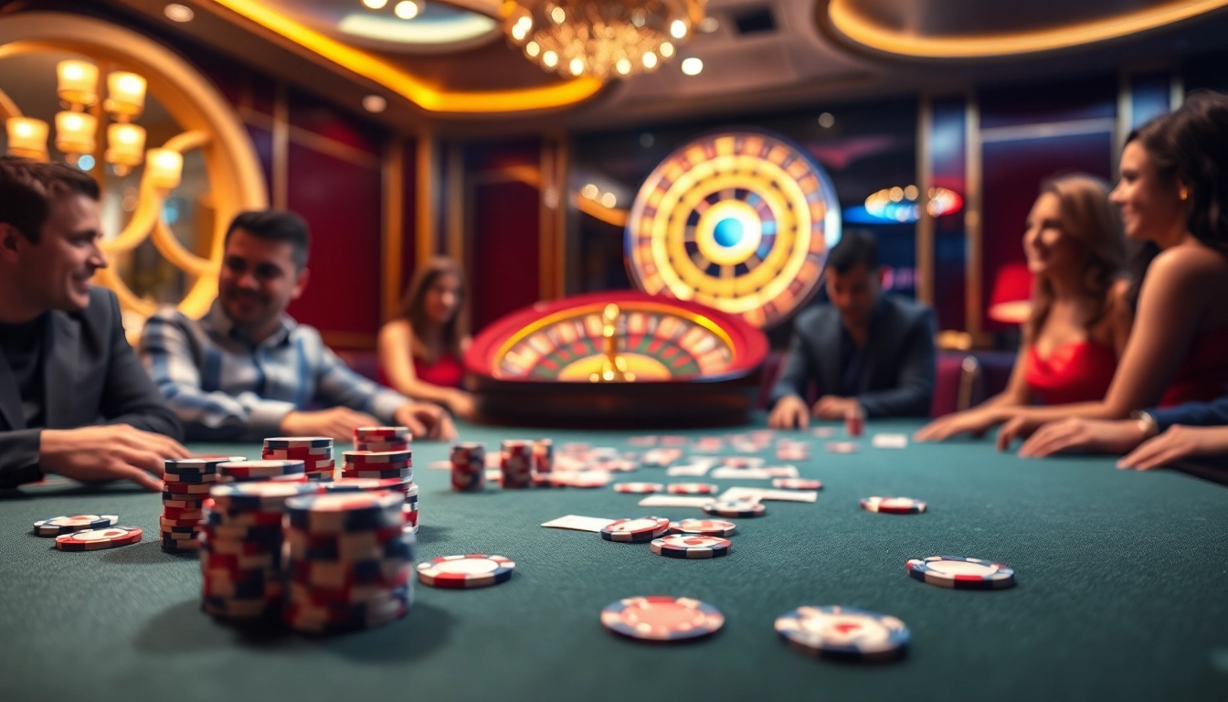 Experience the excitement of go88 at a luxurious poker table with players and vibrant casino elements.