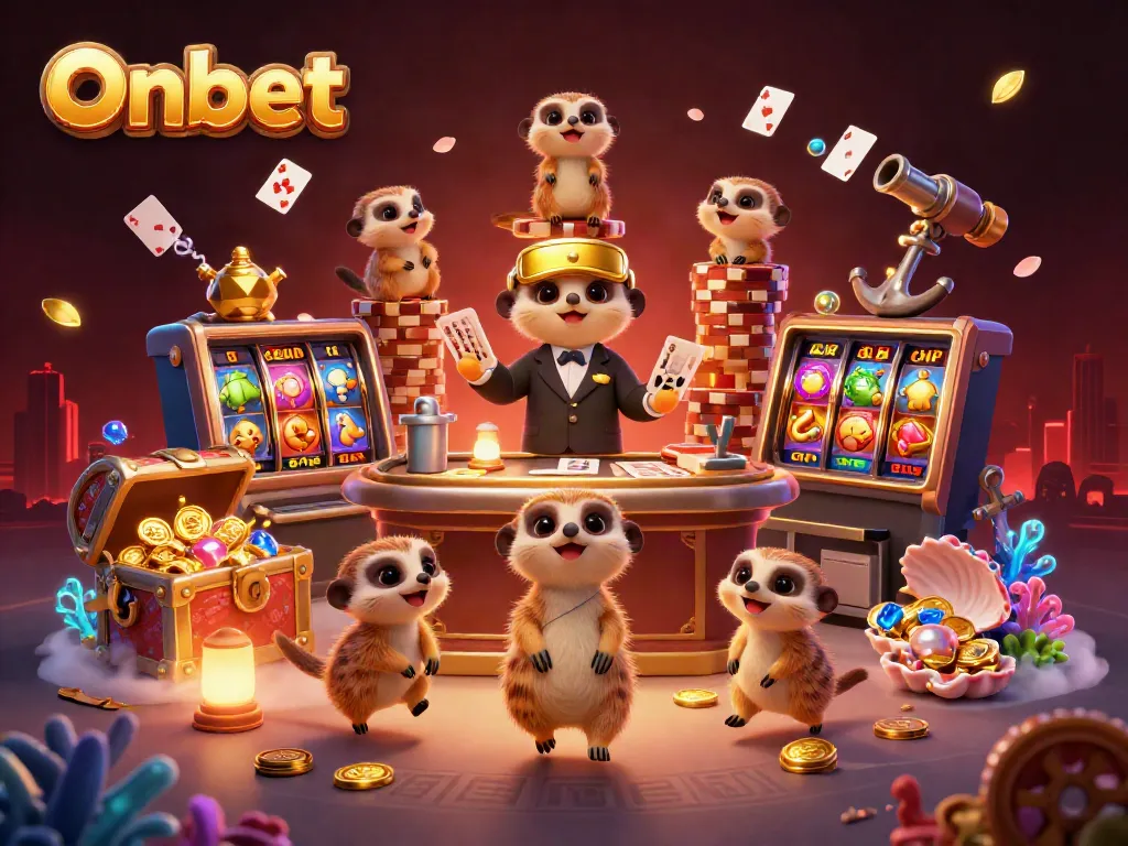 Onbet features meerkats managing a lively casino operation with vibrant slot and jackpot elements.
