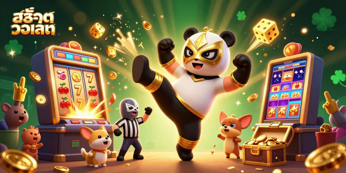 Experience สล็อตวอเลท excitement with a dynamic casino scene featuring a wrestling panda and cheering animals.