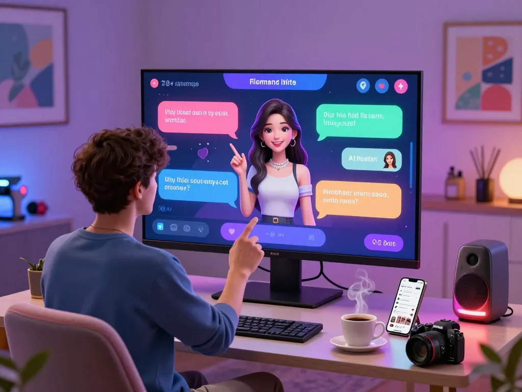 Engaging 18+ AI chat experience with customizable chatbot avatar in a modern lounge setting.