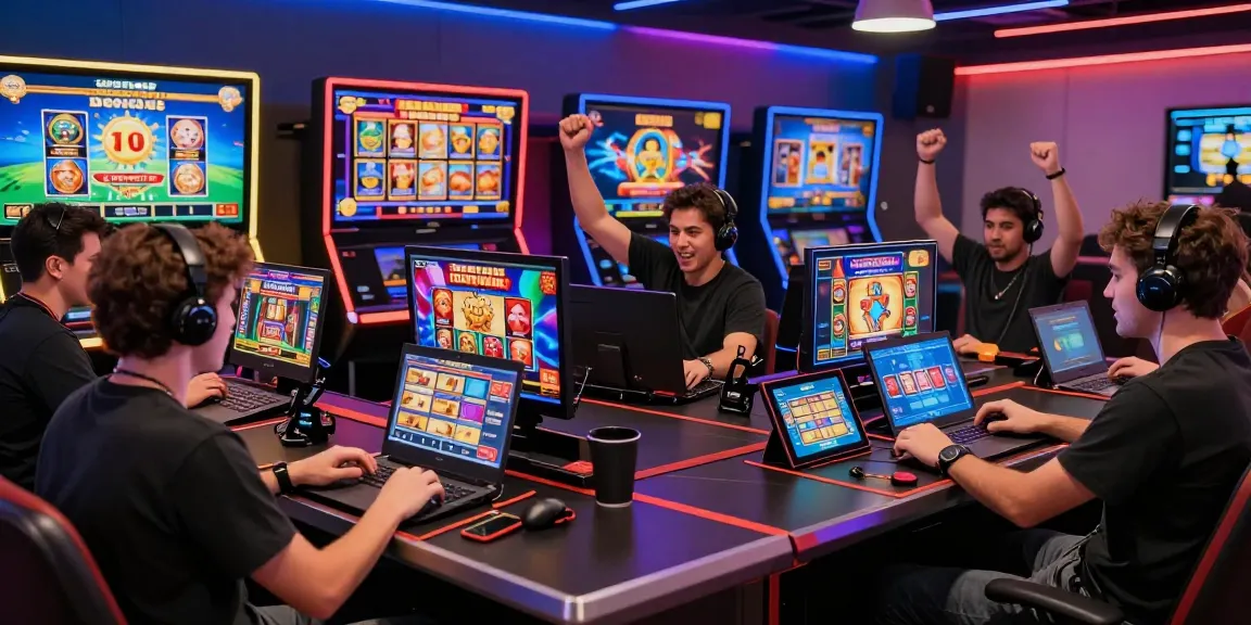 Engaging group enjoying bonus buy slots UK on various devices in a lively casino setting.