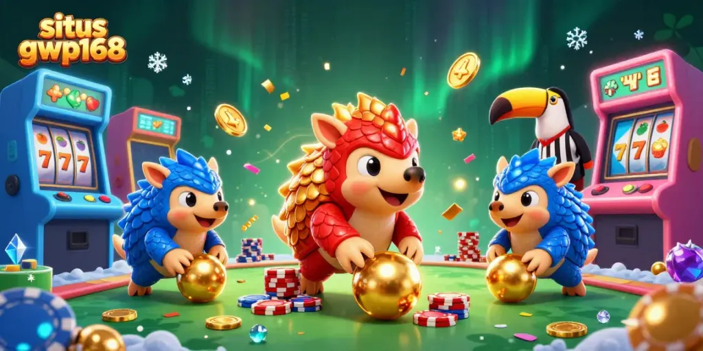 Gambarkan situs gwp168 dengan pangolin bersaing memainkan slot di kasino dengan keceriaan dan keberuntungan.