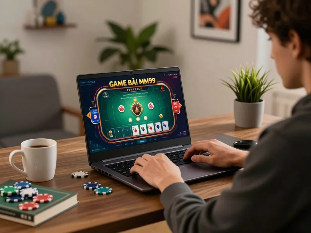 Engaging scene of a player immersed in GAME BÀI MM99 at home, showcasing a vibrant online casino interface.