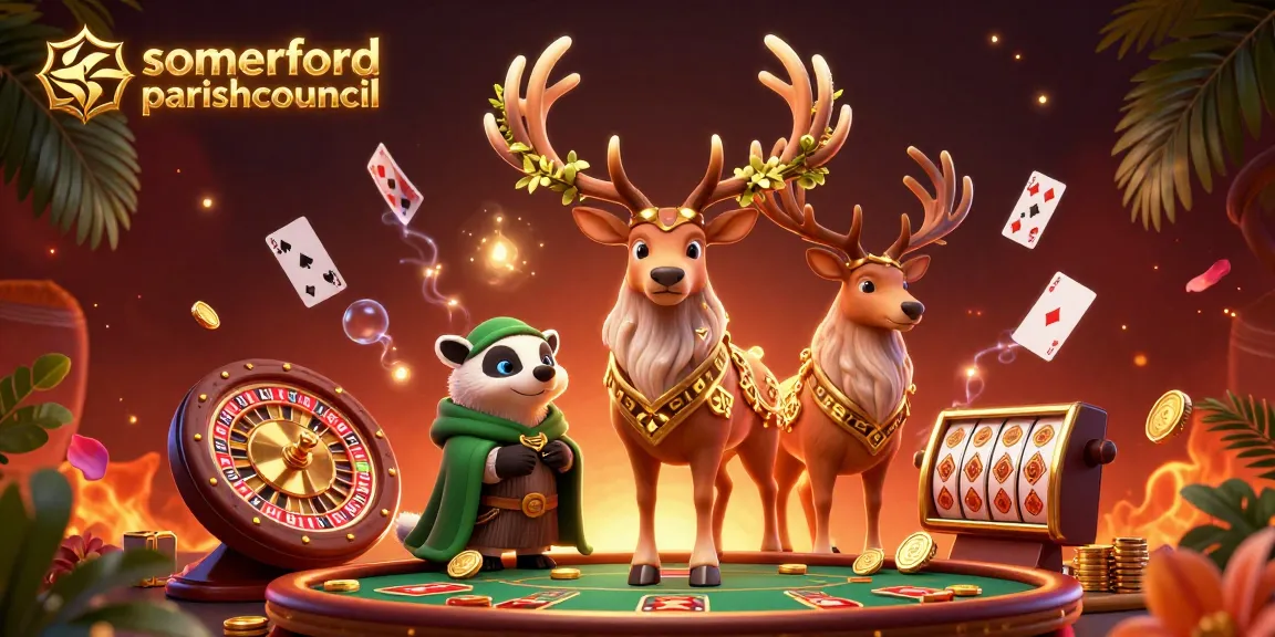 Somerfordparishcouncil showcases a vibrant casino scene with a druid and badger amidst gaming elements.