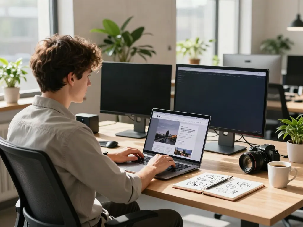 The A80 website showcased on a laptop in a stylish urban workspace.