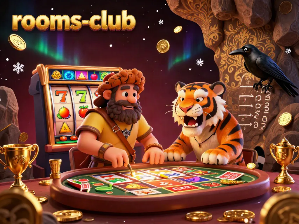 Platform kasino pra-sejarah "rooms-club" dengan simbol buah, mesin slot, dan suasana seru.