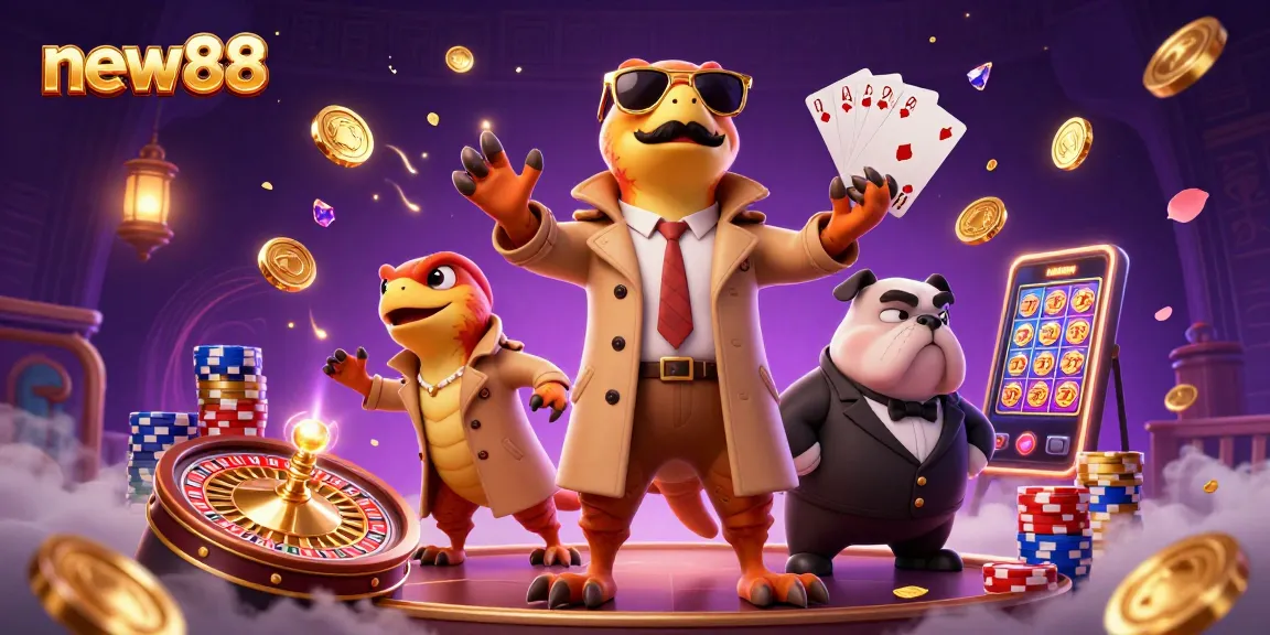 Experience new88 excitement with raptors in casino scene, sparkling gems, and golden coins.