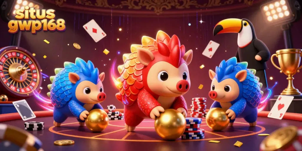 Permainan kasino langsung situs gwp168 dengan pangolin dalam armor berwarna, chip poker, dan taruhan yang menarik.