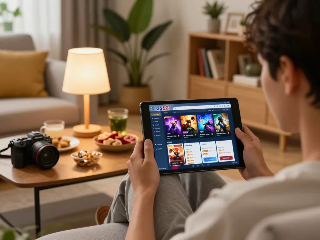 Engaging in online gaming via cổng game go88 on a tablet in a cozy home setting.