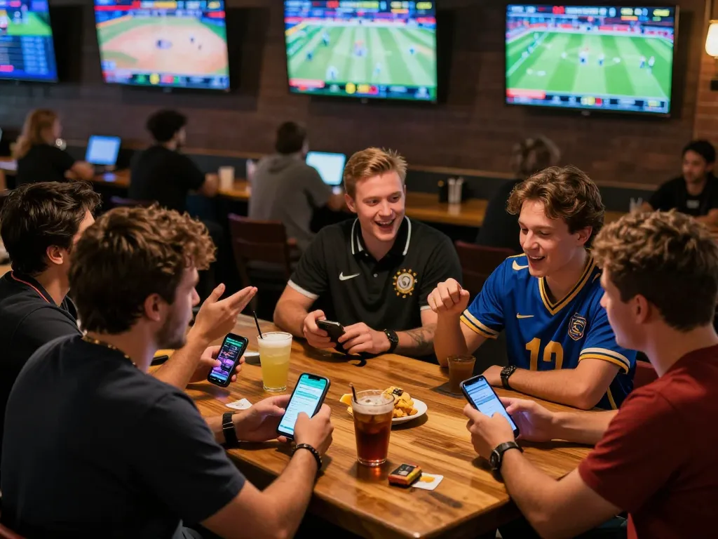 Exciting sports betting scene featuring may88 as patrons actively engage in live wagering at a sports bar.