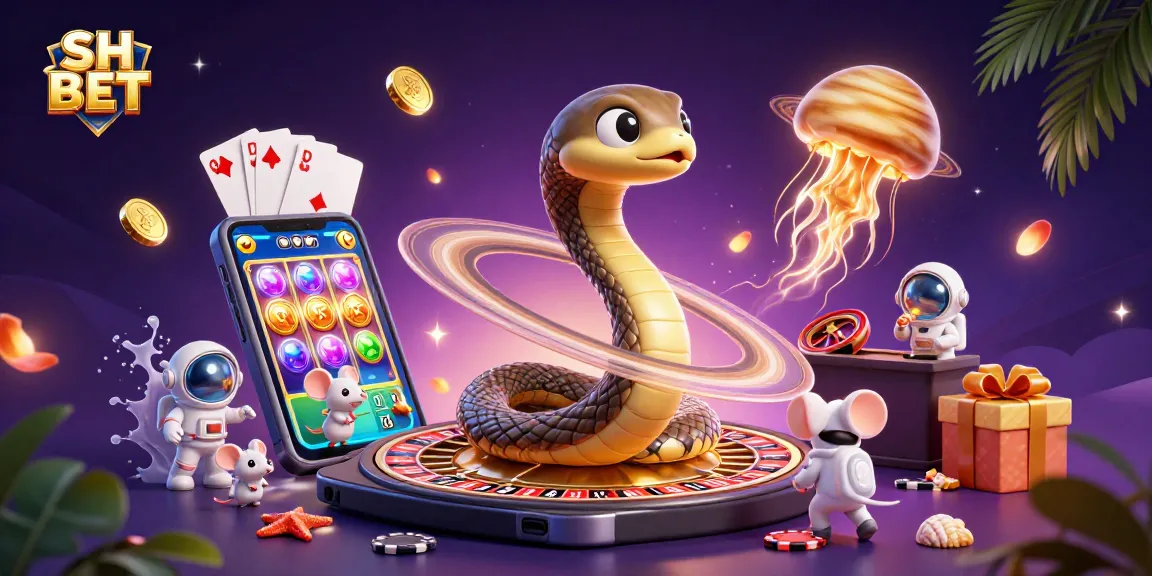 Experience thrilling bets with SH BET in an ultra-detailed cosmic casino scene featuring colorful game elements.