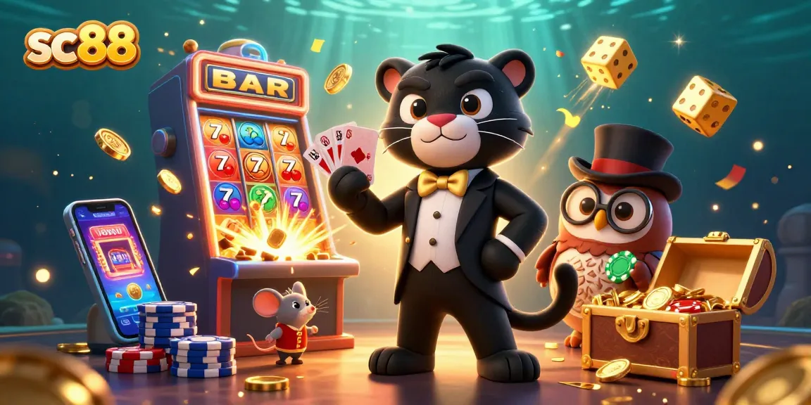 Engage in thrilling gaming adventures with sc88, featuring a panther dealer, owl with poker chips, and lucky mouse.