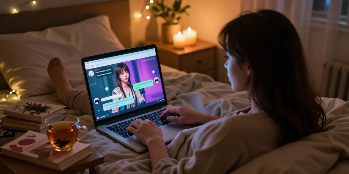 Engaging NSFW chat setting with user interacting with AI character, cozy bedroom atmosphere.