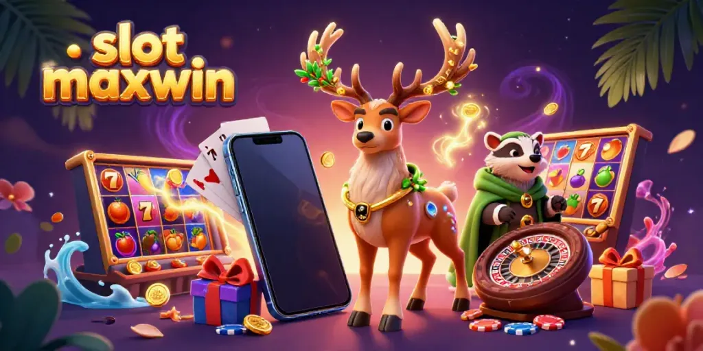 Experience excitement with slot maxwin as a druid stag and wise badger navigate a vibrant casino scene.