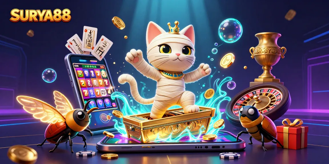 SURYA88 captures thrilling play with an Egyptian mummy cat and vibrant casino elements.