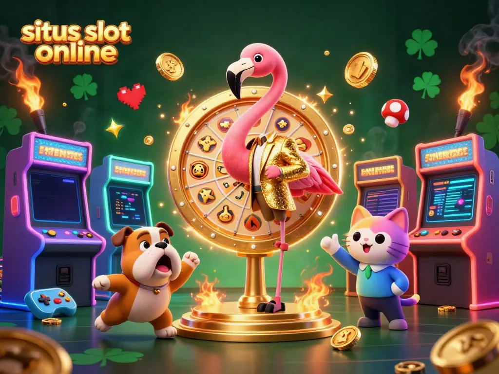 Visualisasi menarik situs slot online dengan karakter unik dan elemen permainan kasino.