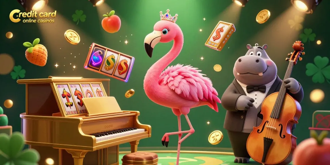 Experience the thrill of credit card online casinos with vibrant casino characters amidst gold coins and slot reels.
