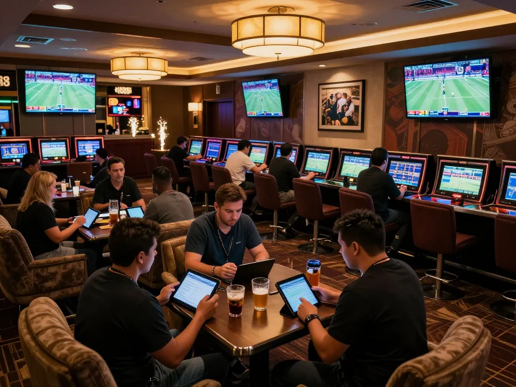 Engaged bettors using devices at King33 sports betting lounge with live game displays.