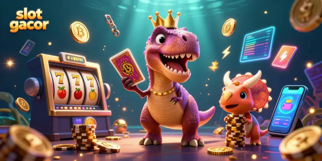 Slot gacor dengan karakter kartun dino yang menarik dan elemen permainan kasino digital.