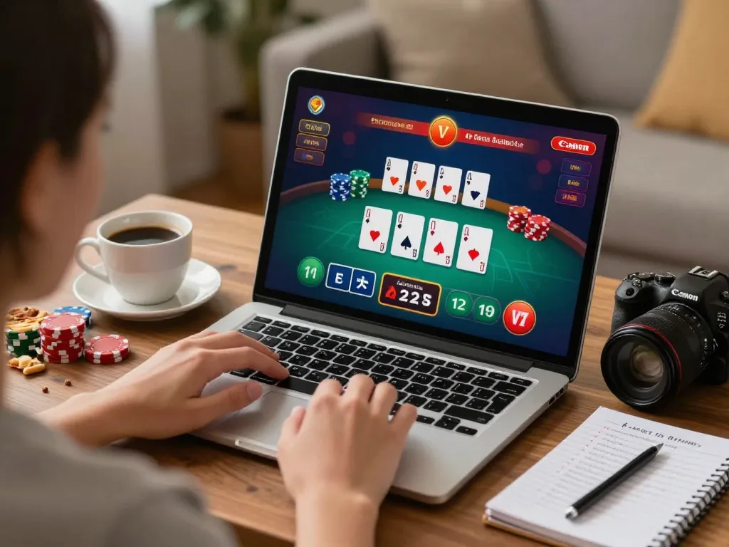 KONG 88 player's intense focus on live blackjack gameplay on laptop showcasing strategic betting.