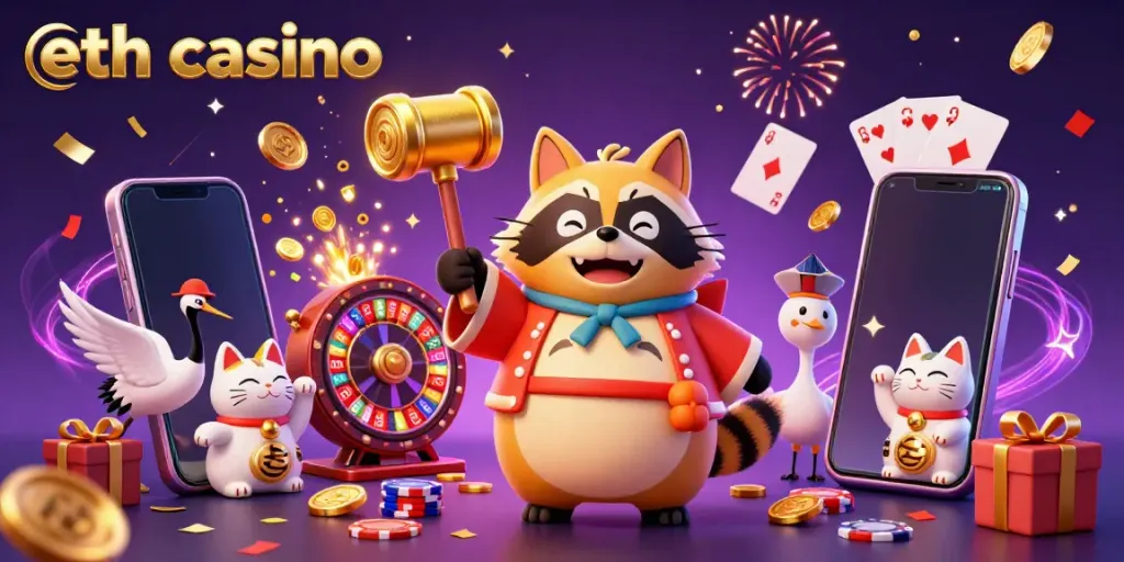 Cheerful tanuki and crane celebrate at the eth casino, surrounded by vibrant gaming elements.