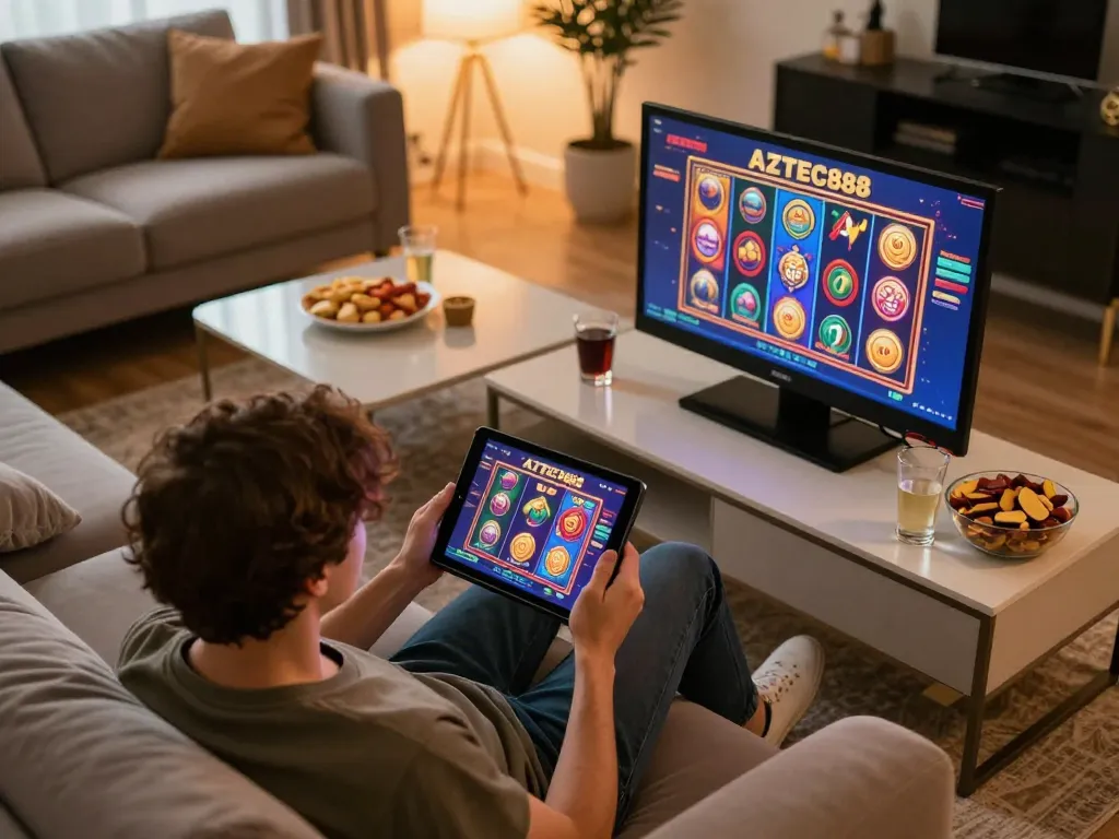 Engaging gameplay on AZTEC888 tablet showing vibrant online slots at home, creating a cozy atmosphere.