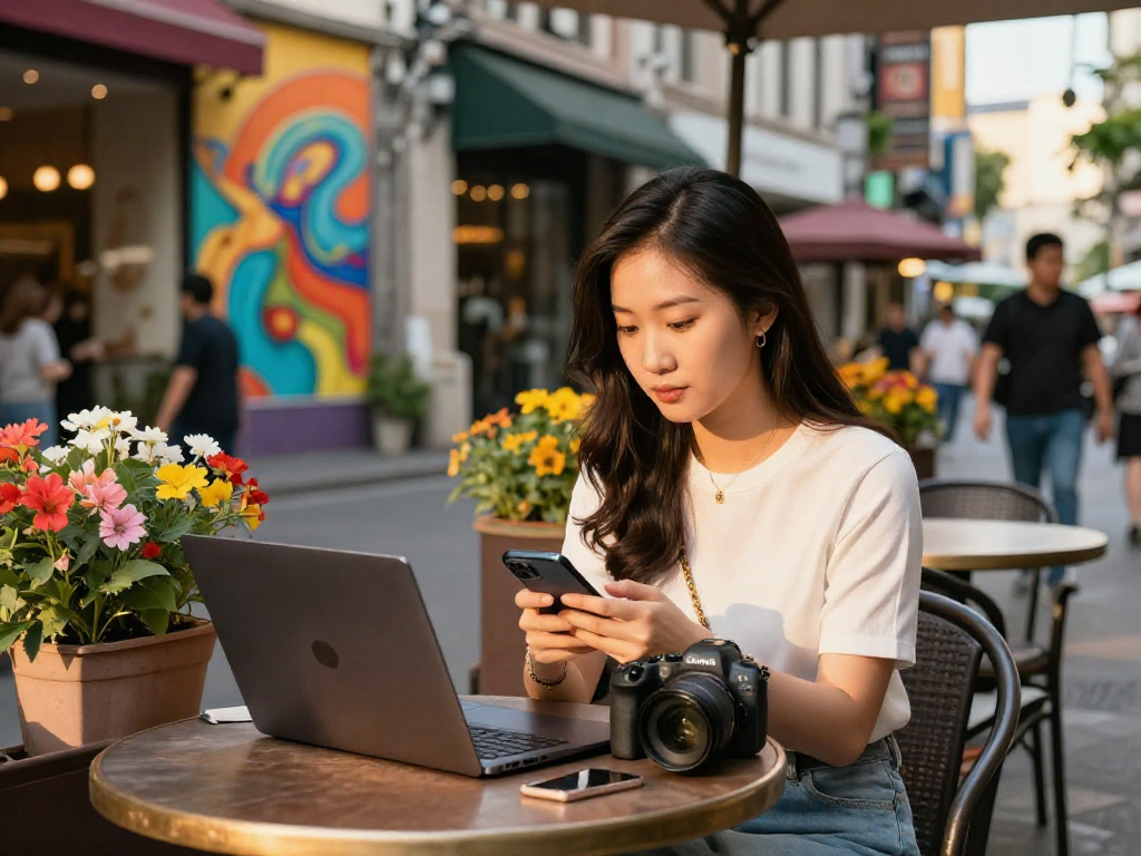 Thiếu nữ sử dụng công nghệ tại quán cà phê, thể hiện phong cách gái gọi hiện đại.