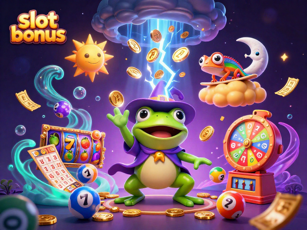 Experience exciting slot bonuses with a whimsical frog wizard and vibrant chameleon in a stunning casino scene.