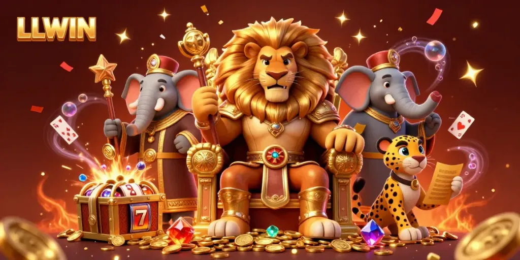 Experience LLWIN's dynamic casino atmosphere with a fierce lion king and friends amidst vibrant gaming elements.