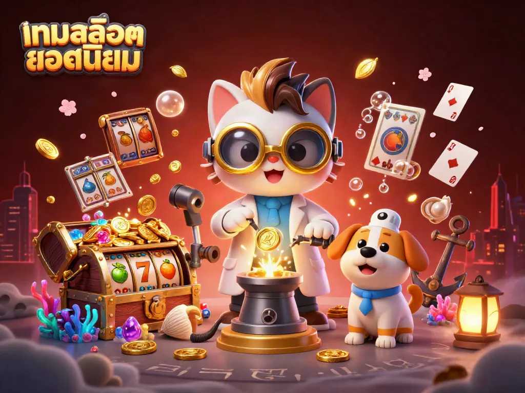 Experience the excitement of เกมสล็อตยอดนิยม with vibrant game elements and characters in a stunning 3D illustration.