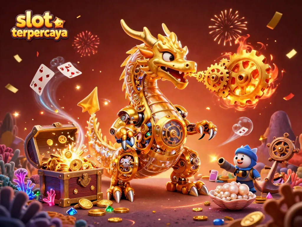 Permainan slot online terpercaya dengan naga emas dan mutiara mengelilinginya, penuh dengan koin, kartu dan barang berharga.