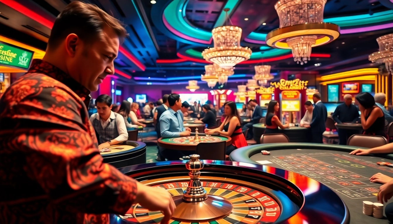 Players engaged in an exciting casino singapore gaming experience with rich colors and dynamic lighting.