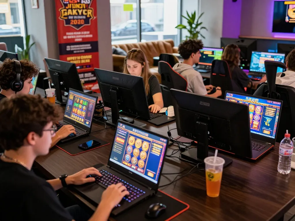 Players enjoying the Zeus138 online slot games in a modern lounge, showcasing vibrant graphics and an engaging atmosphere.