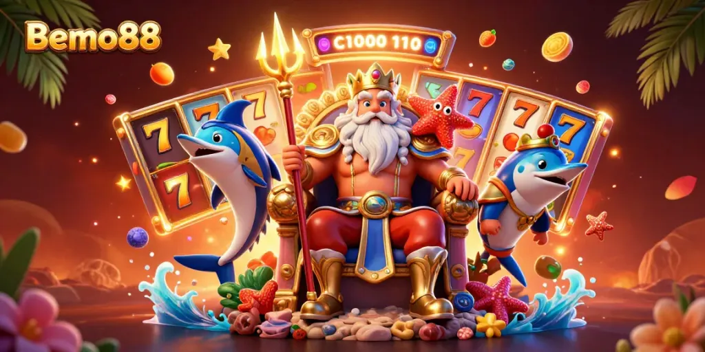 Experience Bemo88's thrilling slots with Neptune, lucky symbols, and a dynamic casino scene.